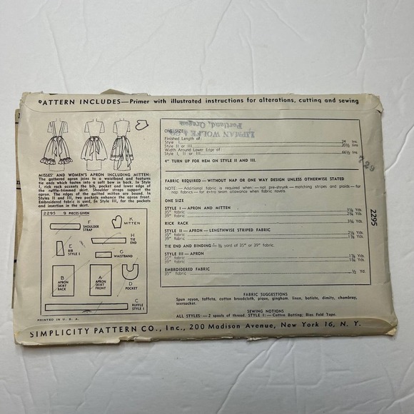 Simplicity Vintage 1950's Pattern #2295 Women's Aprons One Size - Picture 5 of 7
